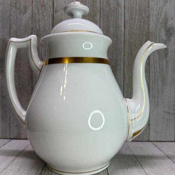 Vtg B&D Porcelain White Tea Pot with Gold Accents Handle Spout Lid 10" Tall - Picture 1 of 15